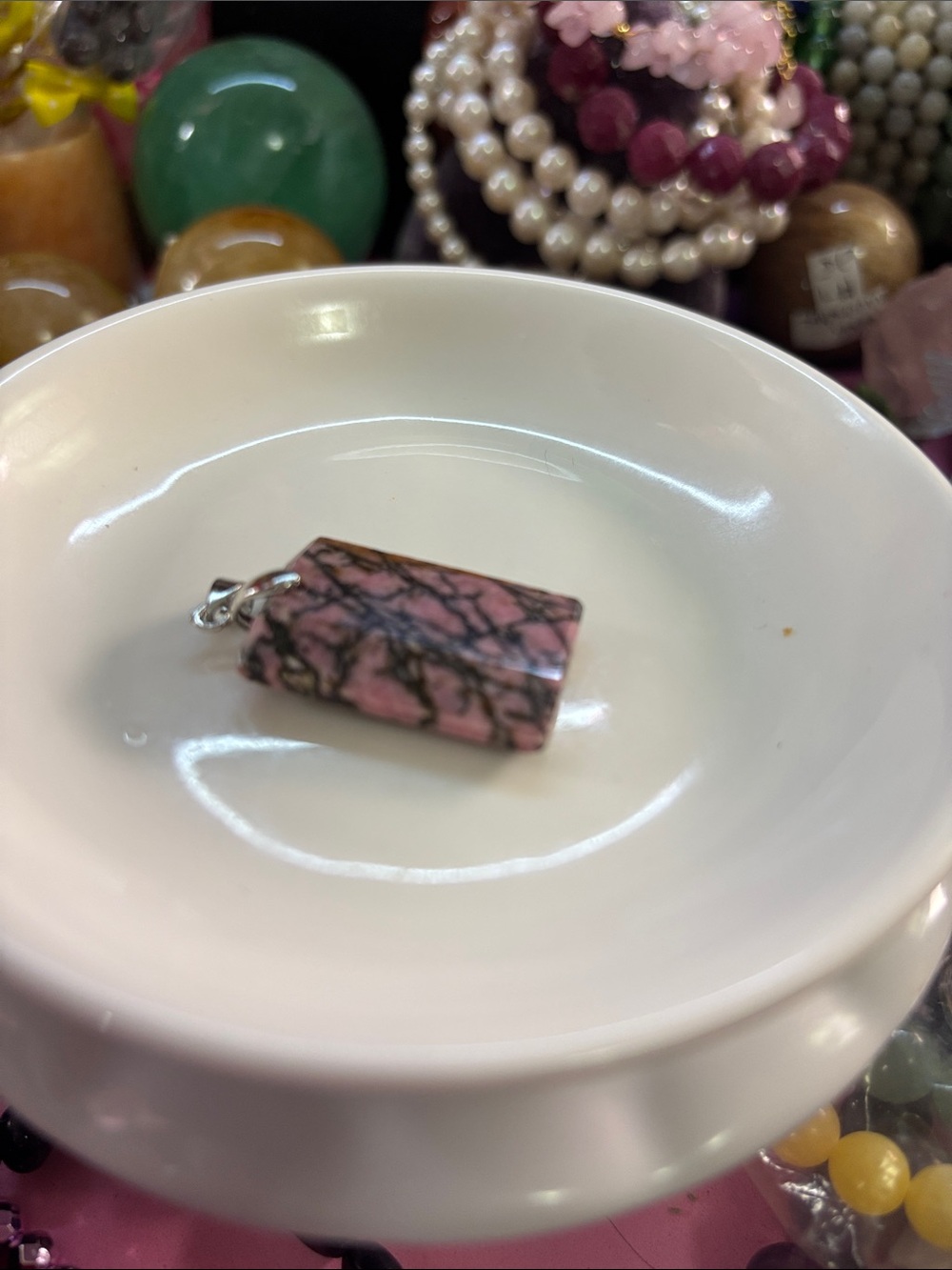 Rectangular Pink Rhodonite Stone Pendant with Black Veining